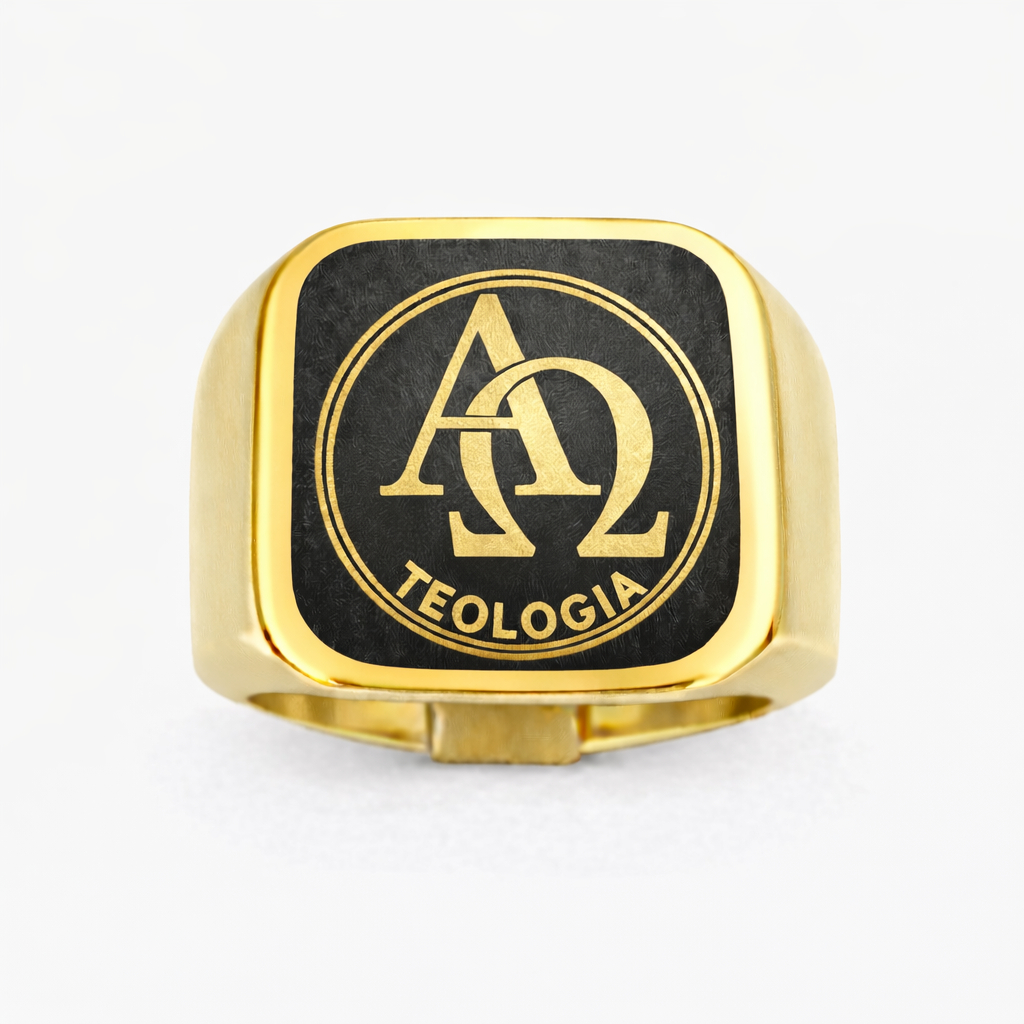 Anel Teologia Formatura Masculino Alfa Ômega Aço Banhado a Ouro 18K Cristão Evangêlico Pastoral PREMIUM