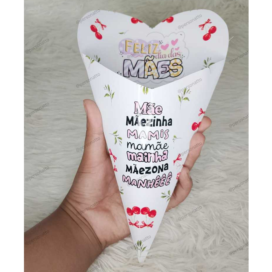 Caixa Buquê Cone Coração - Embalagem para Bombons, sabonete, presente - Mãe, Dia das Mães