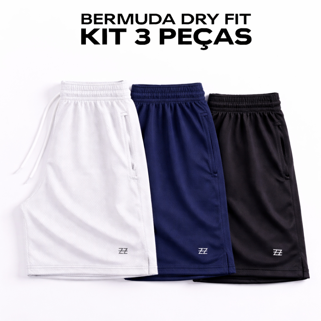 Kit 3 Bermudas Masculinas Dry Fit Academia Shorts Homem Futebol Tecido Furadinho Treino Luzzoo Premium