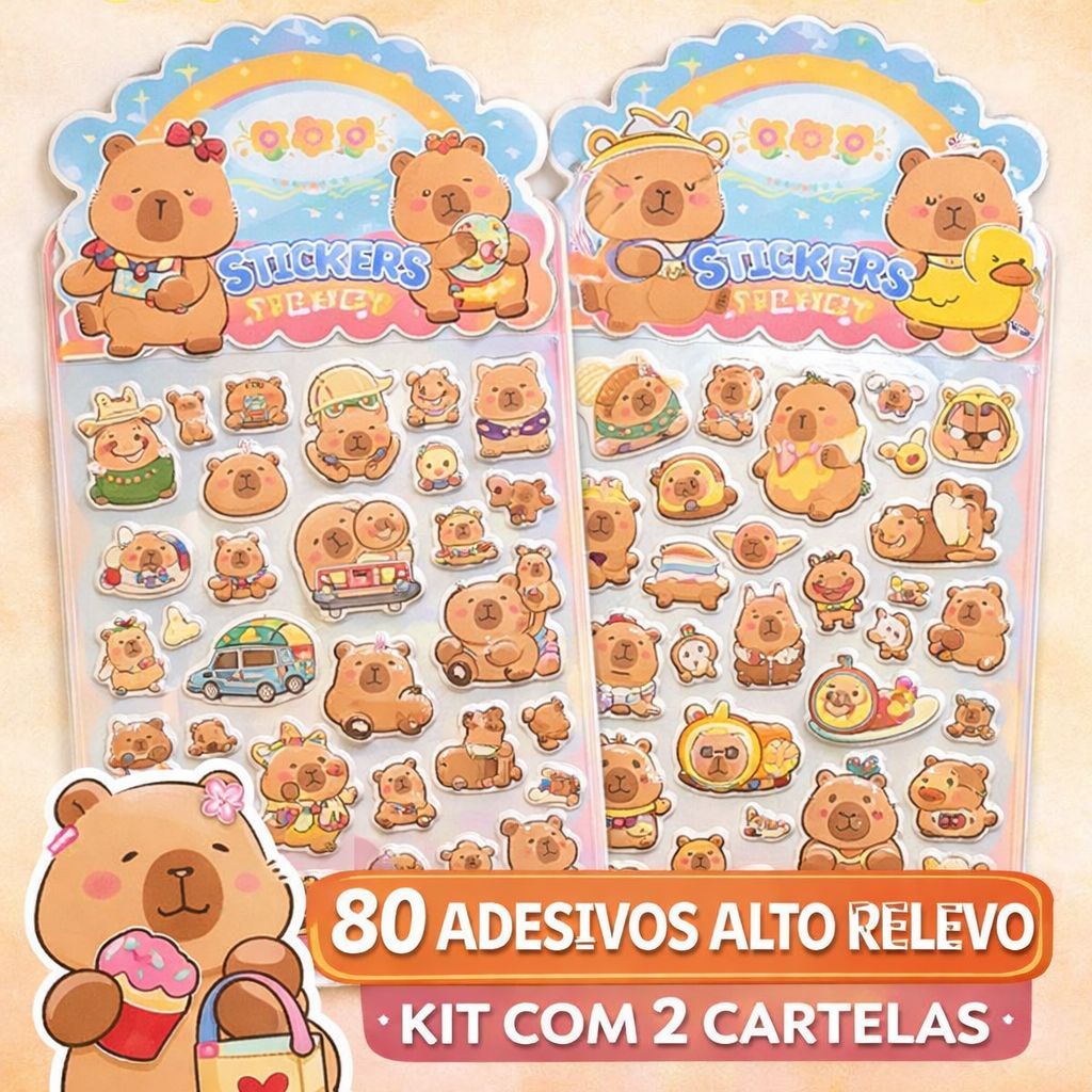 Kit 80 Adesivos Capivara 3D Infantil Cartela Decorativa Alta Qualidade Presente Criança Mais Vendido - Diversão Garantid