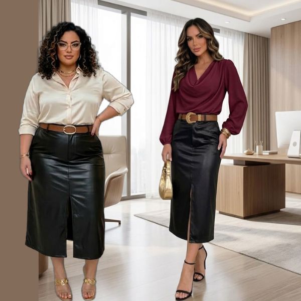 Saia Midi em Couro Fake/Cirre com Fenda Frontal e Bolsos – Elegância e Versatilidade em Oferta na Shopee