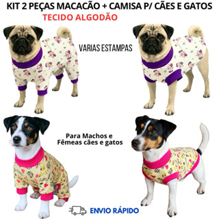 KIT 2 PEÇAS, ROUPAS PARA CACHORROS E GATOS, MACACÃO + CAMISA, ESTAMPAS VARIADAS, TECIDO ALGODÃO em Oferta na Shopee