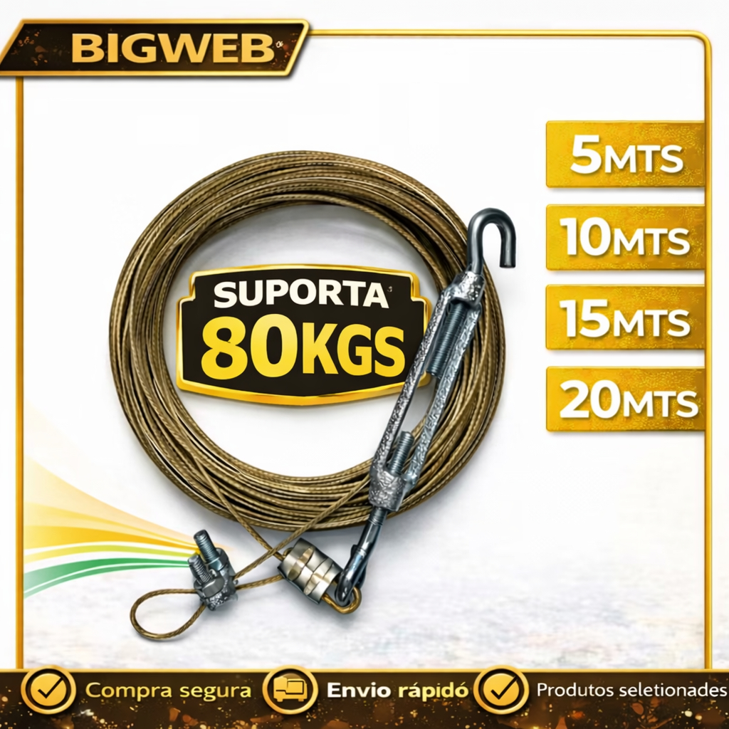 Varal de Cabo de Aço 5M/10M/15M ou 20Mts Suporta até 80KG Revestido em PVC Escolha o Tamanho