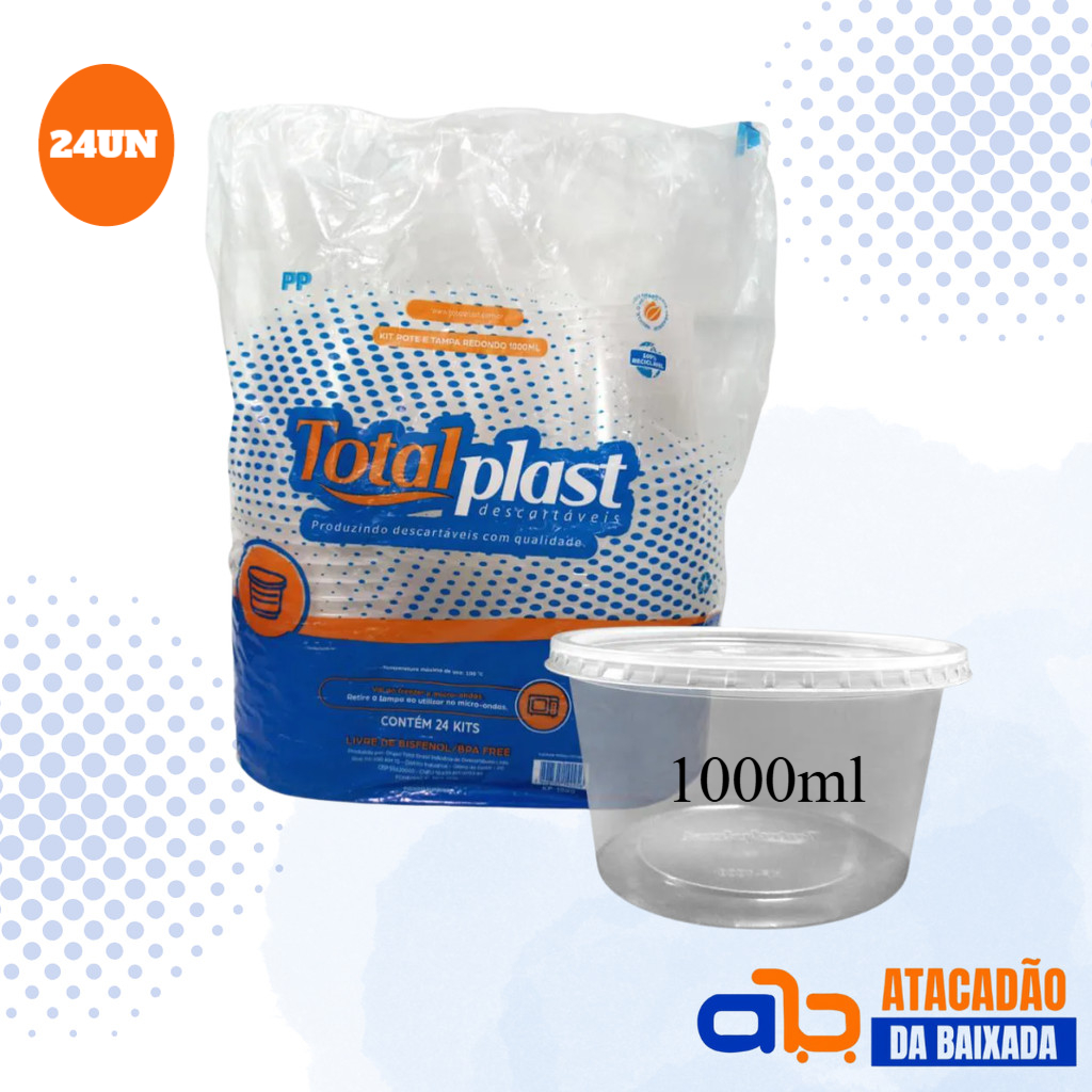 KIT POTE DESCARTÁVEL REDONDO 1000ML TOTALPLAST  FREEZER E MICROONDAS 24 UNIDADES