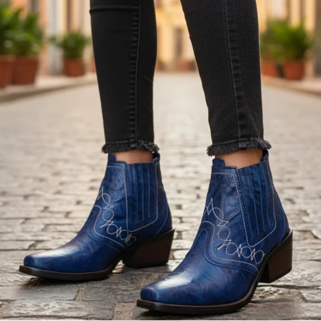 Bota Country Feminina Azul Botina Couro Salto Alto Carrapeta Estilo Cavalgada Rodeio Sertanejo Cavalgada Vaquejada 3736