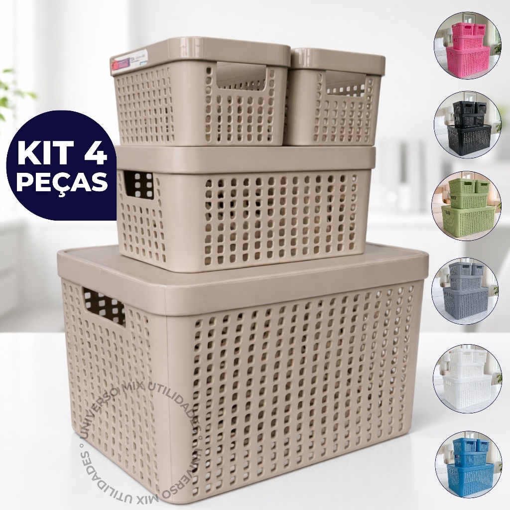 Kit 4 Caixa Organizadora com Tampa Empilhável Cesto Multiuso 2L 4,5L 17L