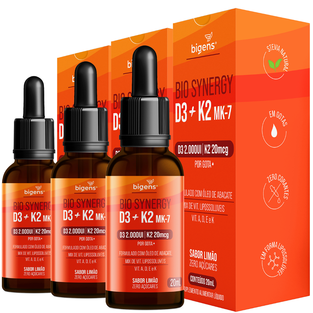 Kit 3 Bio Synergy, D3 2000ui + K2 Mk7 20mcg, vitamina A, D E e K, Sabor Limão, 20mL, Bigens