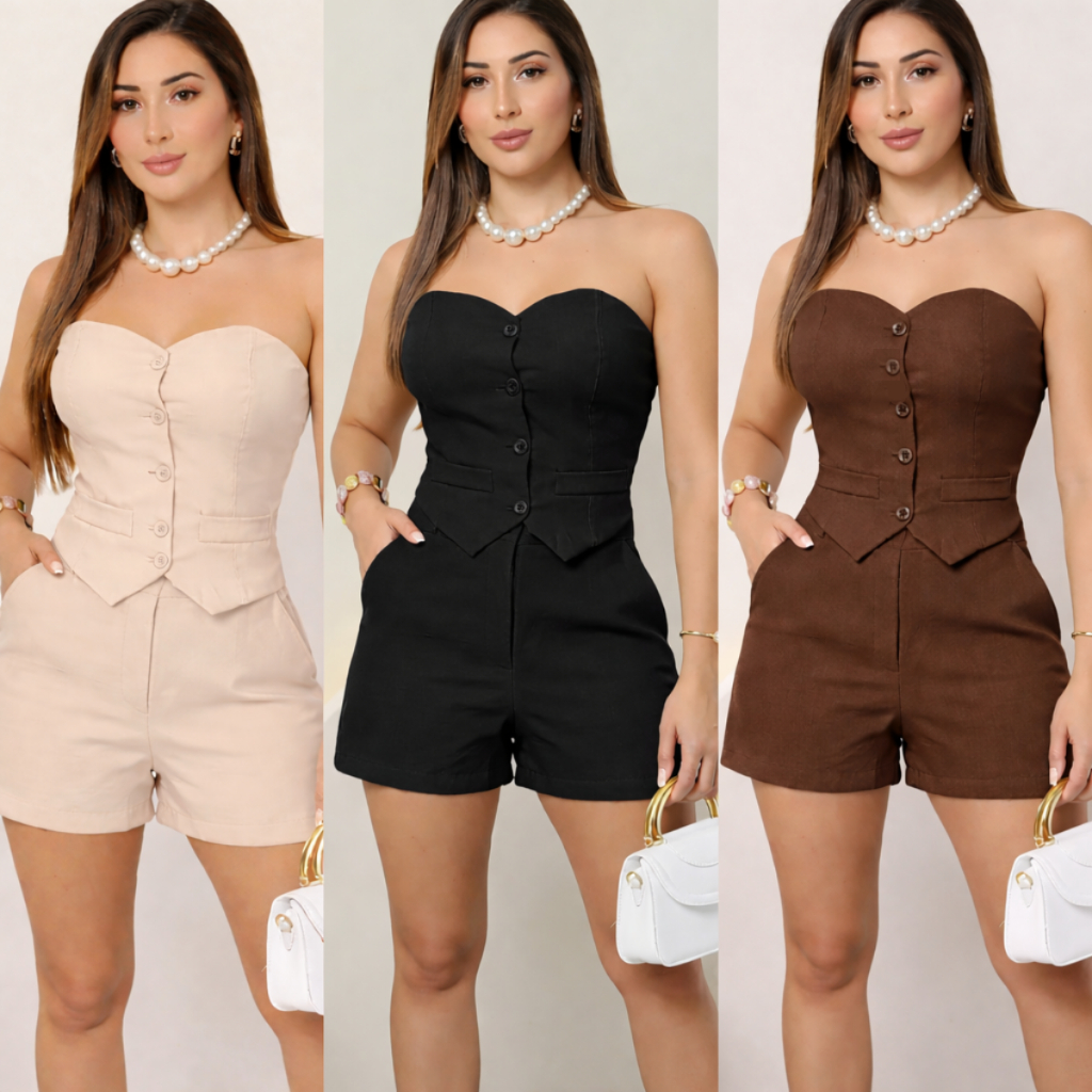 Conjunto Bia Alfaiataria Feminino Colete Tomara que caia com Botão Short Curto Social Elegante e Sofisticado Moda Verão