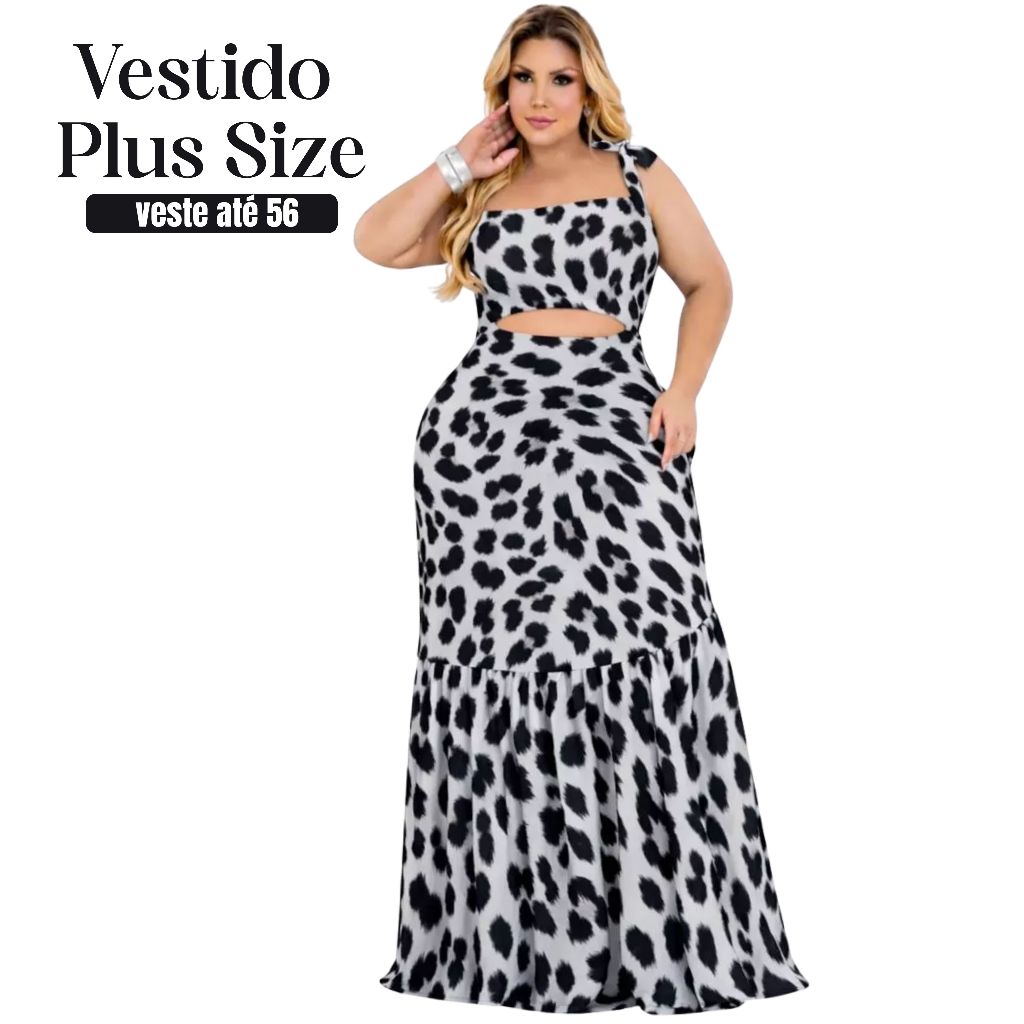 Vestido Plus Size Longo Animal Print Elegante Feminino Confortável Festa Casual veste até 56