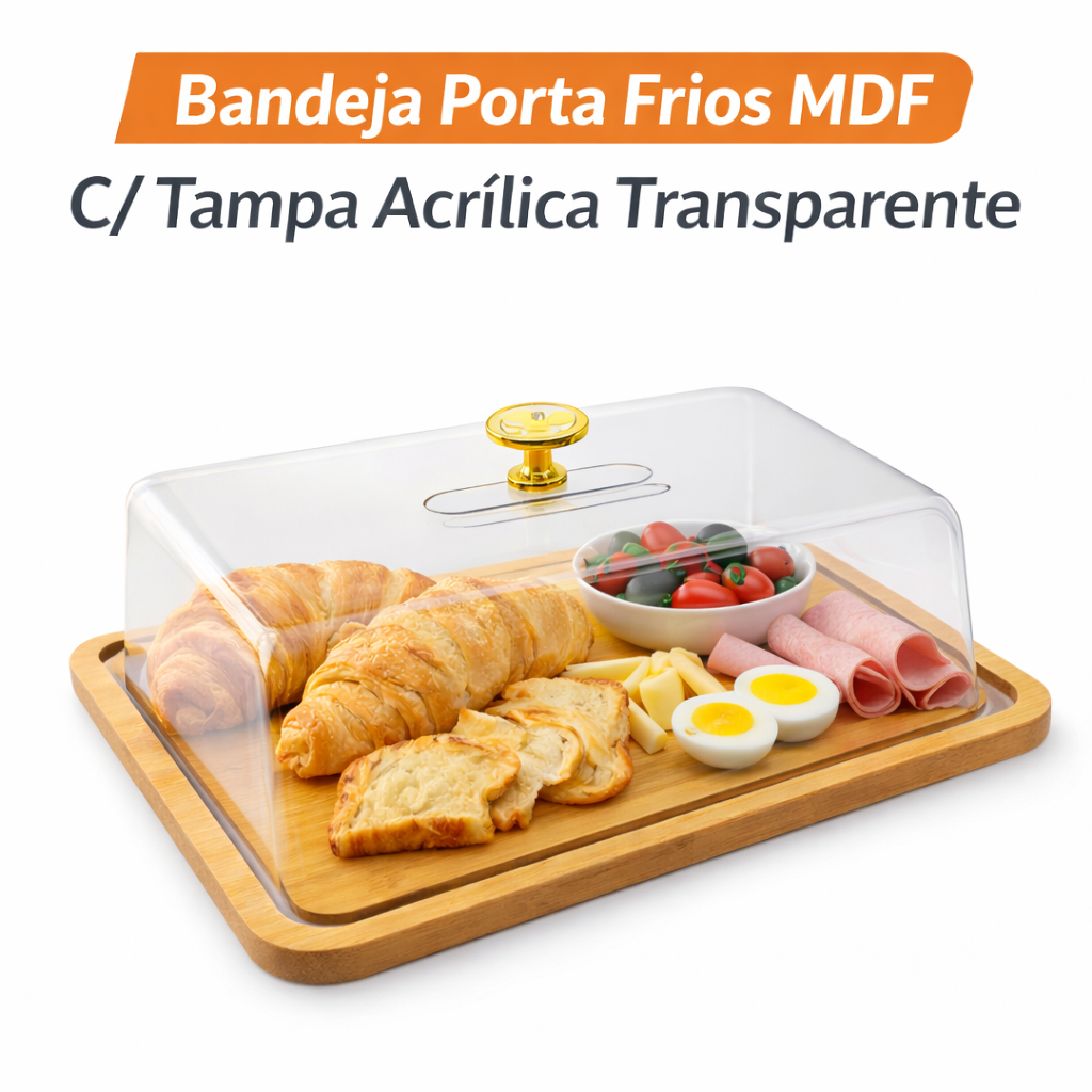 Bandeja Porta Frios MDF Tampa Acrílica Transparente Porta Pães Bolos Queijo Café da Manhã Mesa Posta