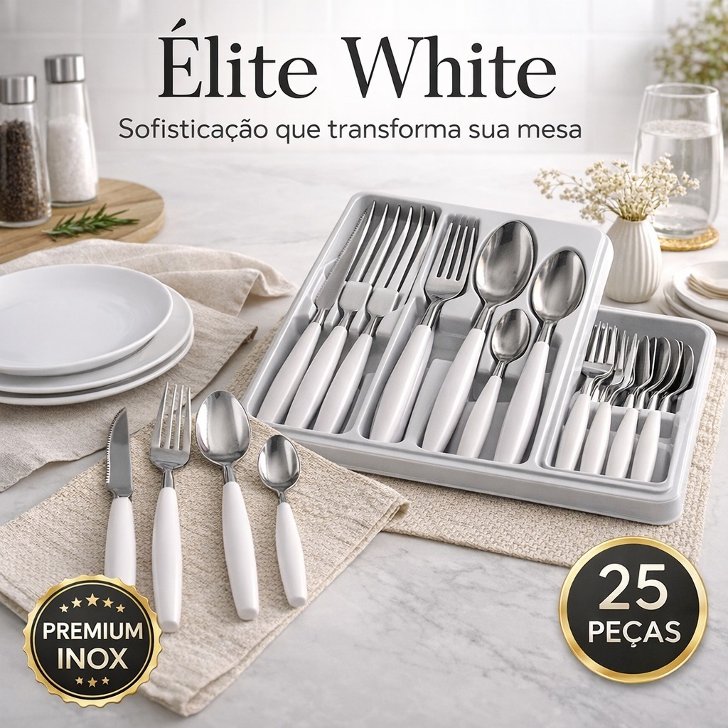 Kit Talheres Inox 25 Peças Branco Premium Élite White Utensils Luxo Resistente Cozinha Completo Moderno Lava-Louças