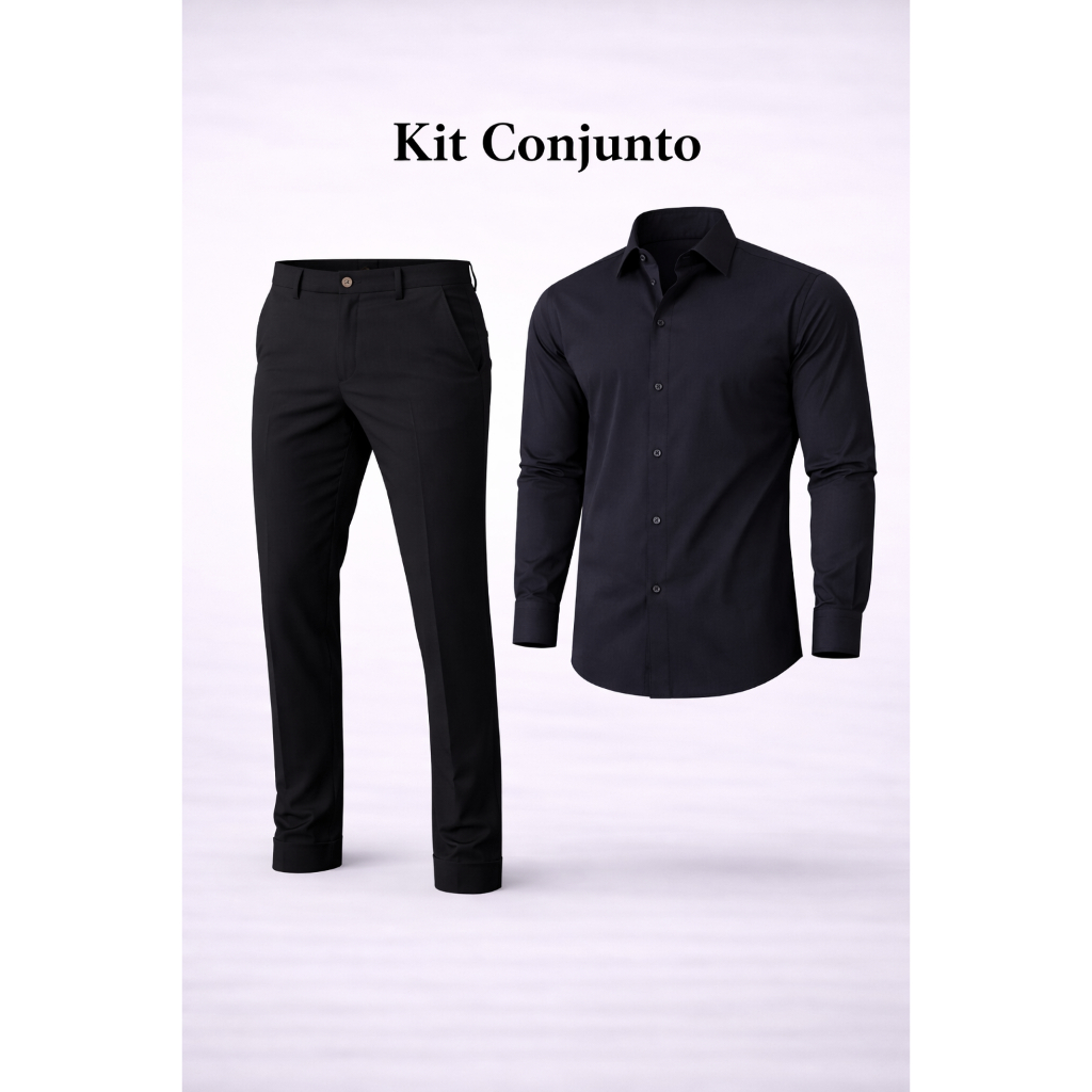 Kit Conjunto Calça Sarja Embutida + Camisa Social Masculina Manga Comprida Ajuste Botão Social Gringa