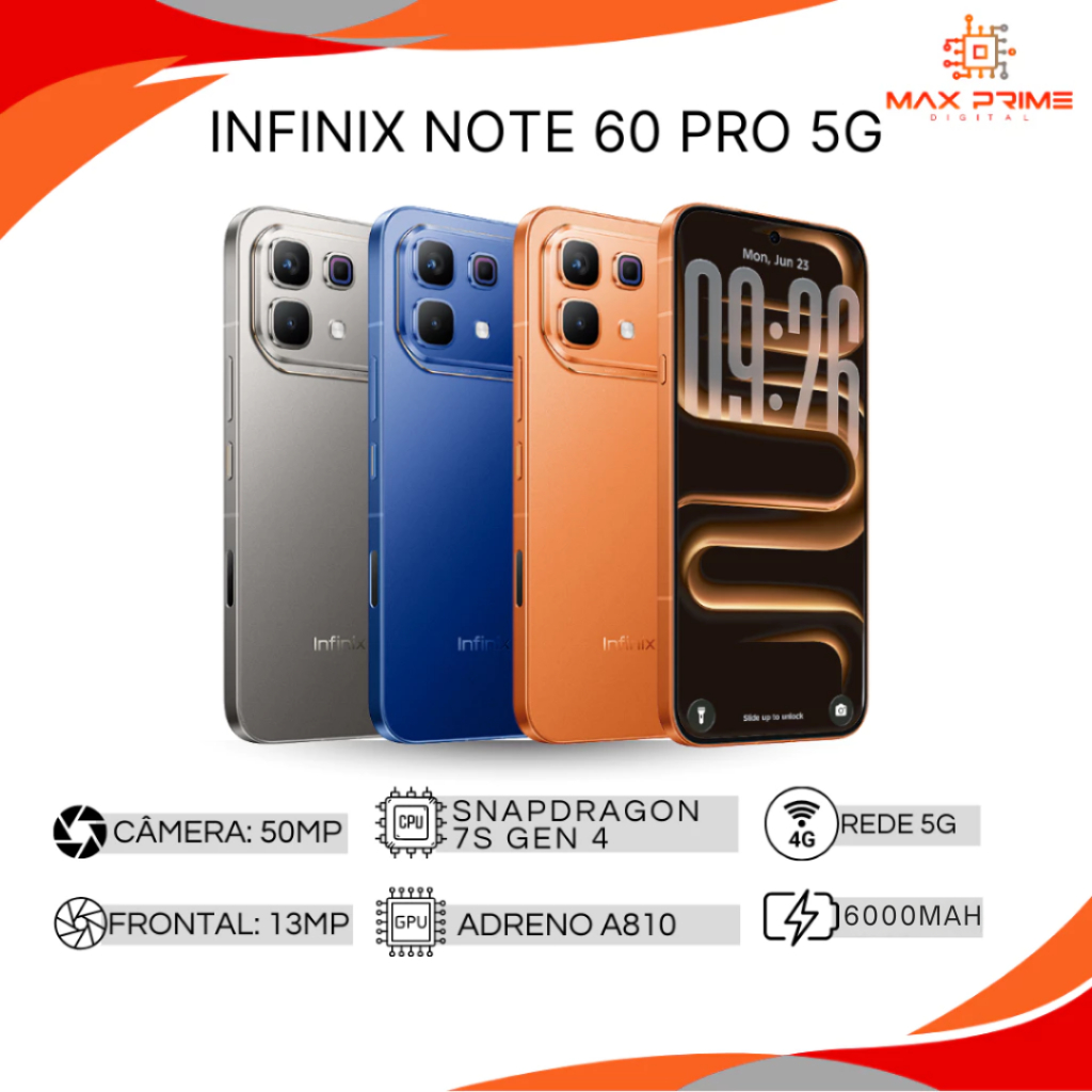 Infinix Note 60 Pro 5G, 256GB/12GB RAM, Processador, Snapdragon 7s Gen 4, Versão Global, Bateria 6000mAh em Oferta na Shopee