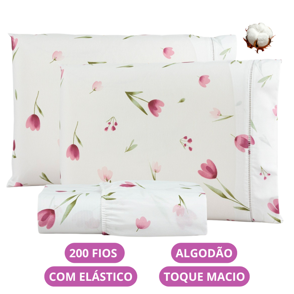Jogo de Lençol Flores Algodão 200 Fios Solteiro Casal Queen King Toque Macio C/ Elástico