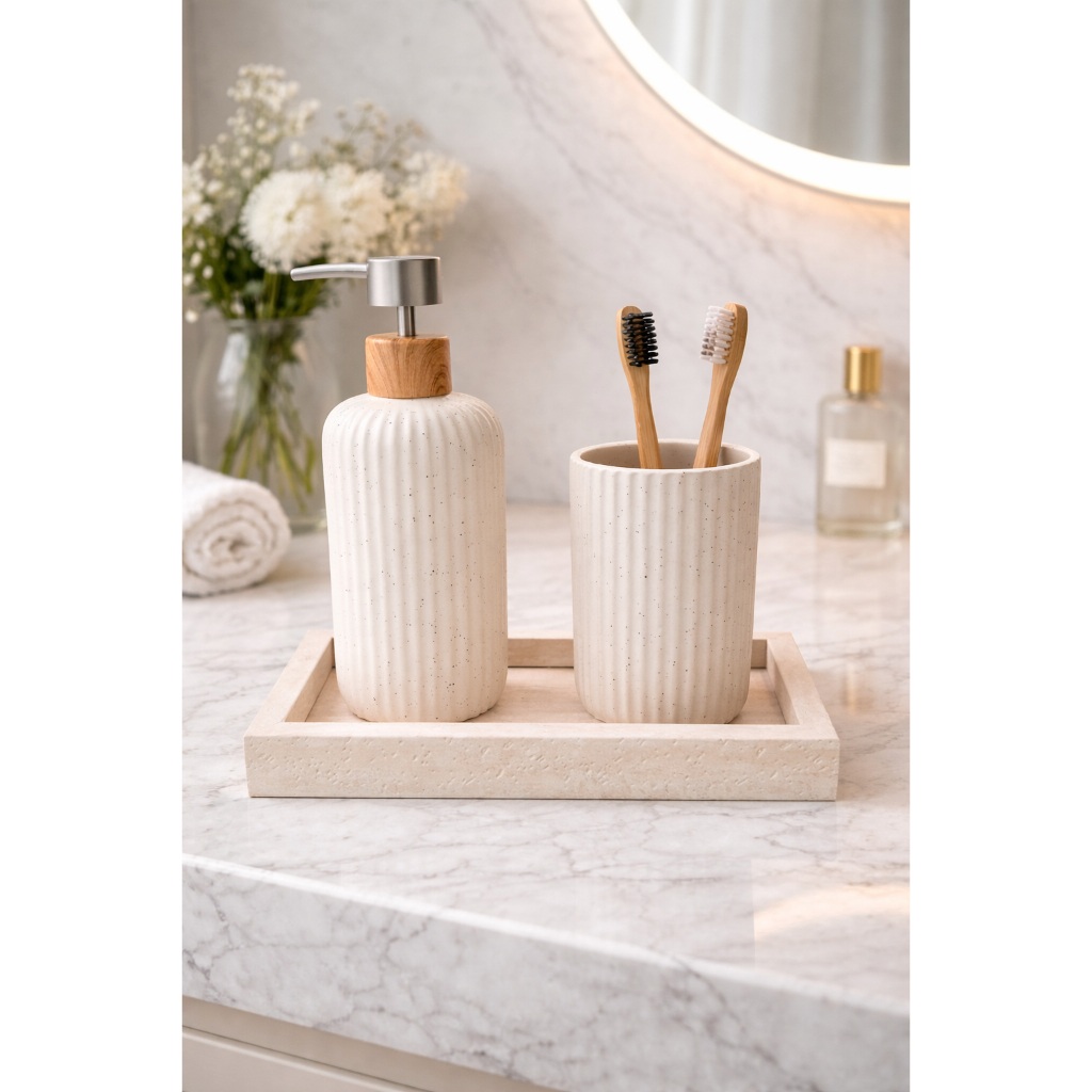 Conjunto Porta Sabonete Liquido Granilite Com Bandeja e Copo Banheiro Kit Lavabo 420ml Por...