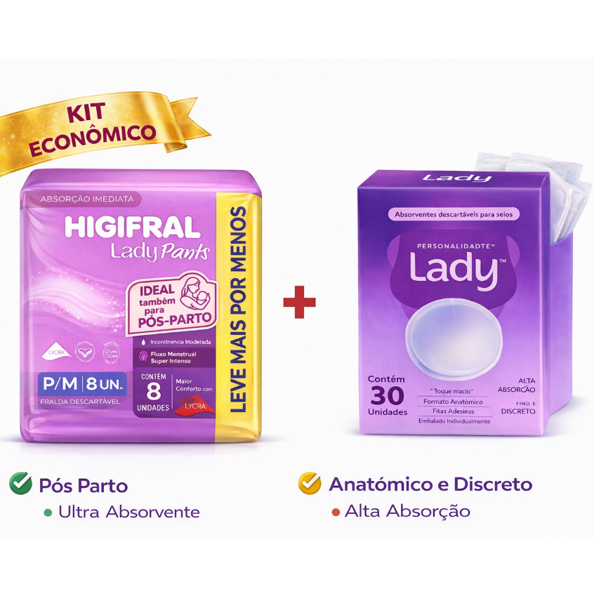 Kit Roupa Intima Lady Fralda Geriátrica Pôs Parto 8 un Higifral Pants e Absorvente para seios 30un