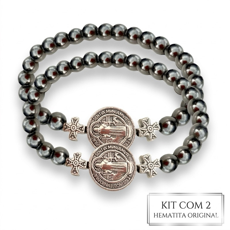 Kit 2 Pulseiras São Bento Hematita Original Unissex com Medalha de Proteção Fé e Estilo