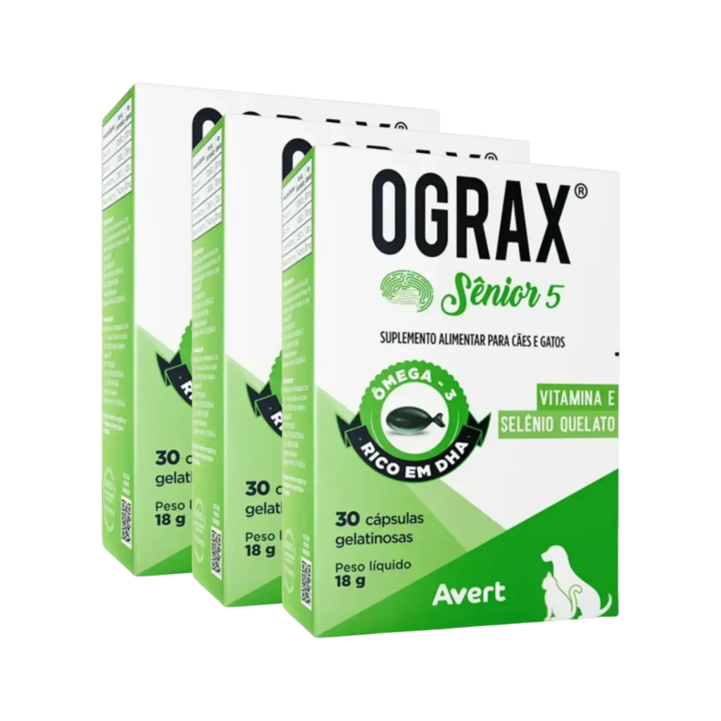 3 Ograx Senior 5 Suplemento Alimentar Omêga-3 Cães Cão Gatos Cachorros 30 Cap Avert Kit