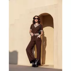 Conjunto Feminino Moletinho Elegante Casual Blusa e Calça Pantalona Com Bolsos