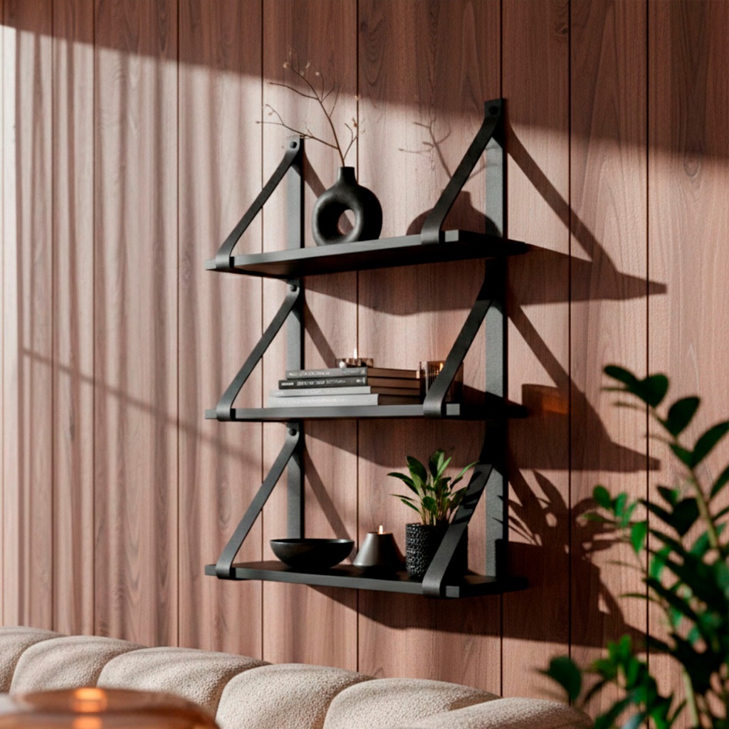 Kit 3 Prateleira Suspensa Estante Suporte Alça Couro 45x15 Prateleira Decorativa para Cozinha Sala