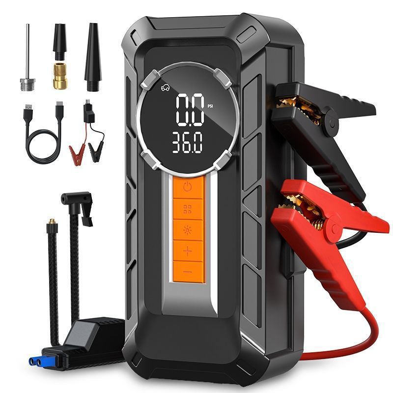 Compressor de Ar Portátil 4 em 1 Sem Fio + Auxiliar de Partida + Power Bank + Lanterna LED Carro Moto · foto 2