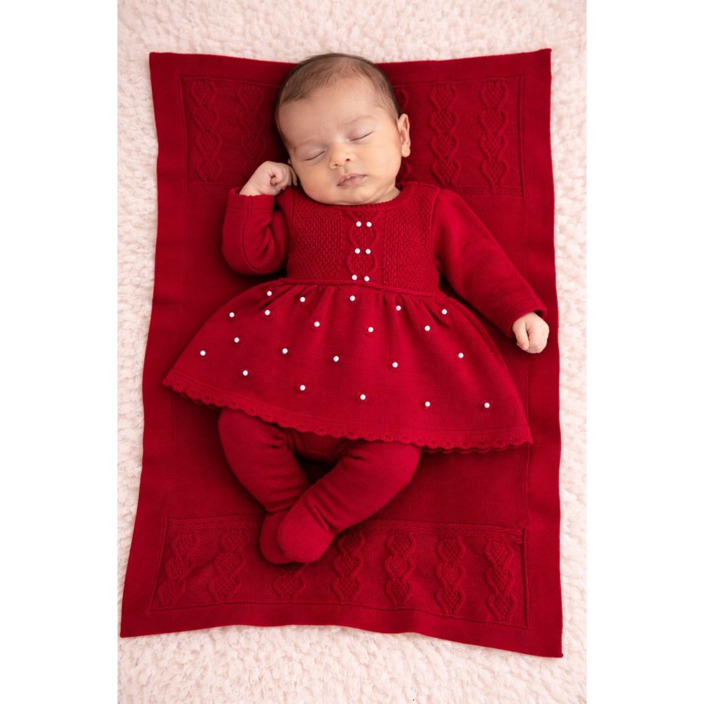 Kit Vestido Calça Manta Pérola Récem Nascido Tricô infantil Bebê Menina RN Conjunto