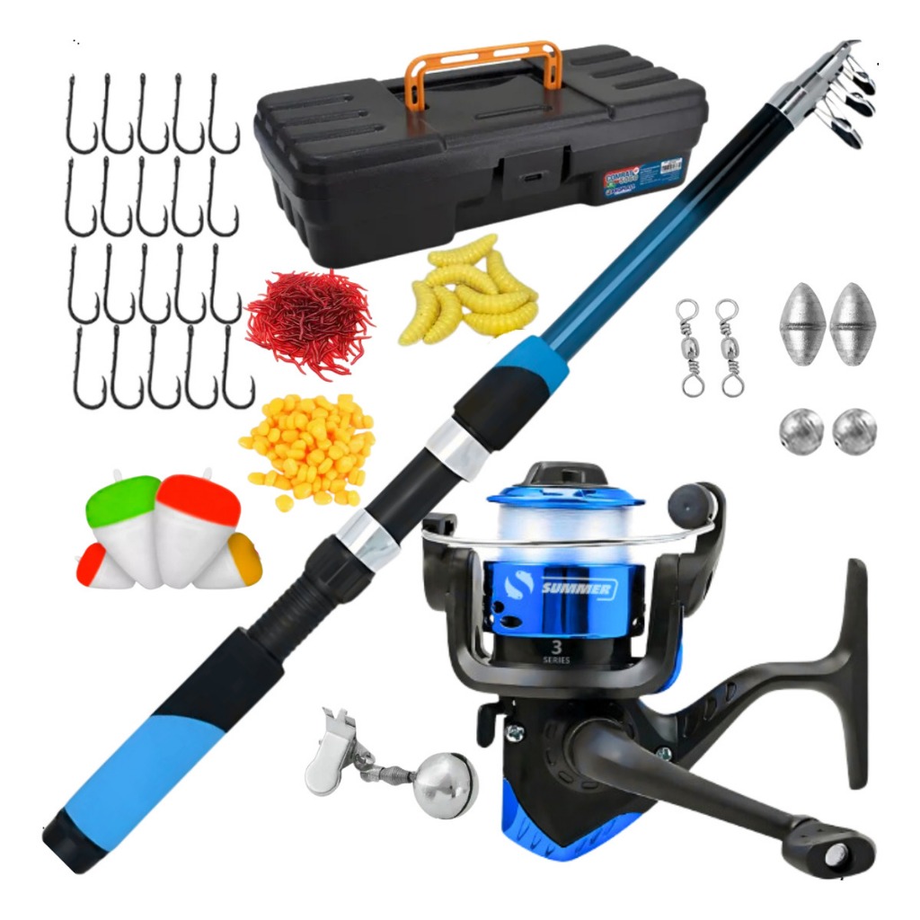 Kit De Pesca Completo 1 Vara 1,70m + 1 Molinete + Itens milho Bichinho da Laranja