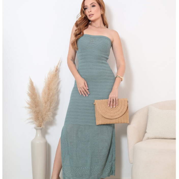 Vestido Longo Feminino Tomara Que Caia Tricot Modal com Fenda Lateral e Detalhes no Busto ...