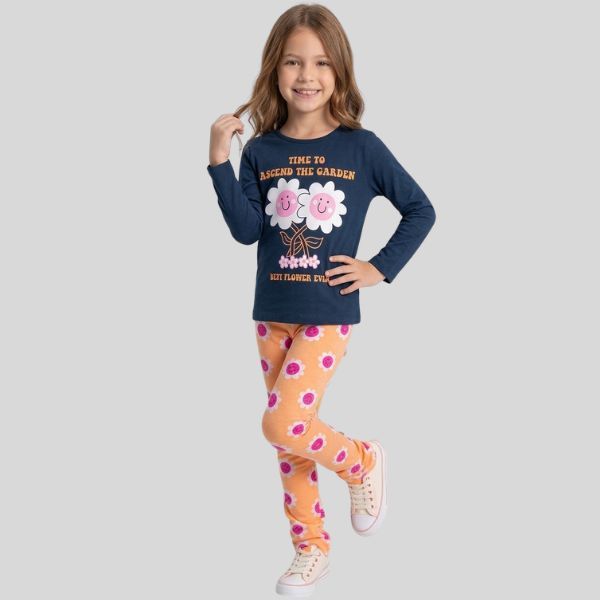 Conjunto Infantil Longo de Menina Estampado Camiseta e Legging Confortável Inverno Frio Meia Estação Flores do 4 ao 14