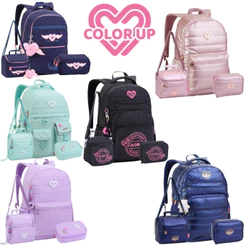 Kit Mochila Escolar Color Up Feminina Mochila Lancheira e Estojo Seanite
