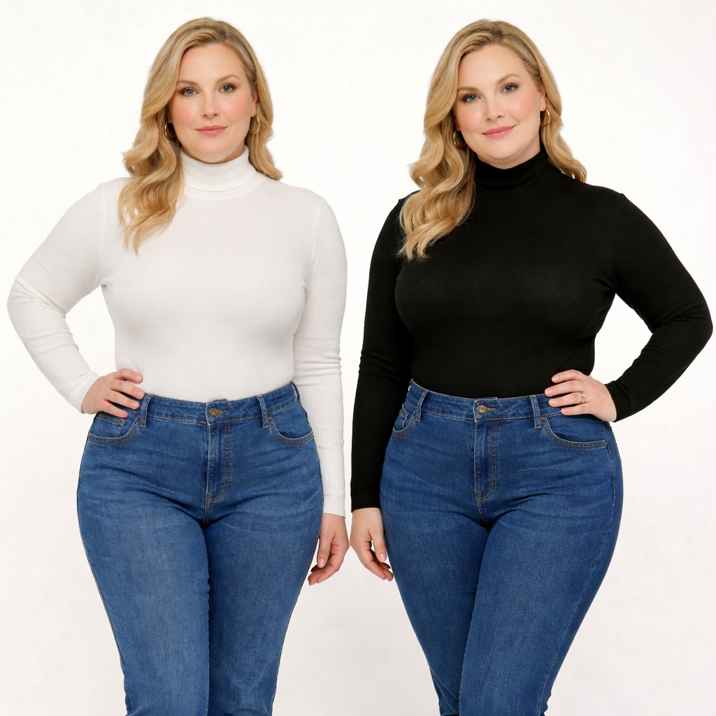 Kit 2 Blusa Cacharrel Feminina Plus Size Gola Alta Manga Longa Canelada