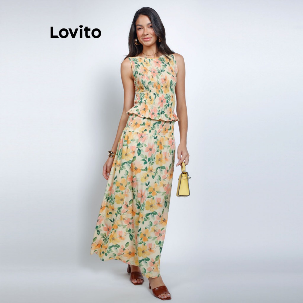 Lovito Bossa l Saia Longa Feminina Estampada Floral Delicada Amarela Com Pala de Lastex SKB15801610