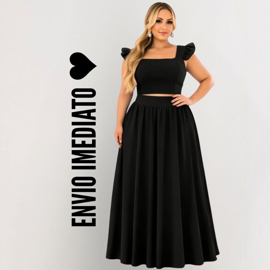 Conjunto plus size moda maior de saia godê longa e cropped de alça babado tecido crepe dunas cores e estampas variadas.
