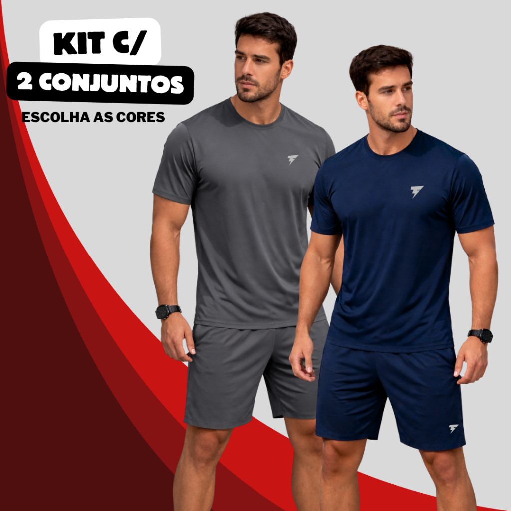 Kit 2 Conjuntos Camiseta Manga Curta e Bermuda Masculina Dri Fit Conjunto Esportivo Símbolo Refletivo