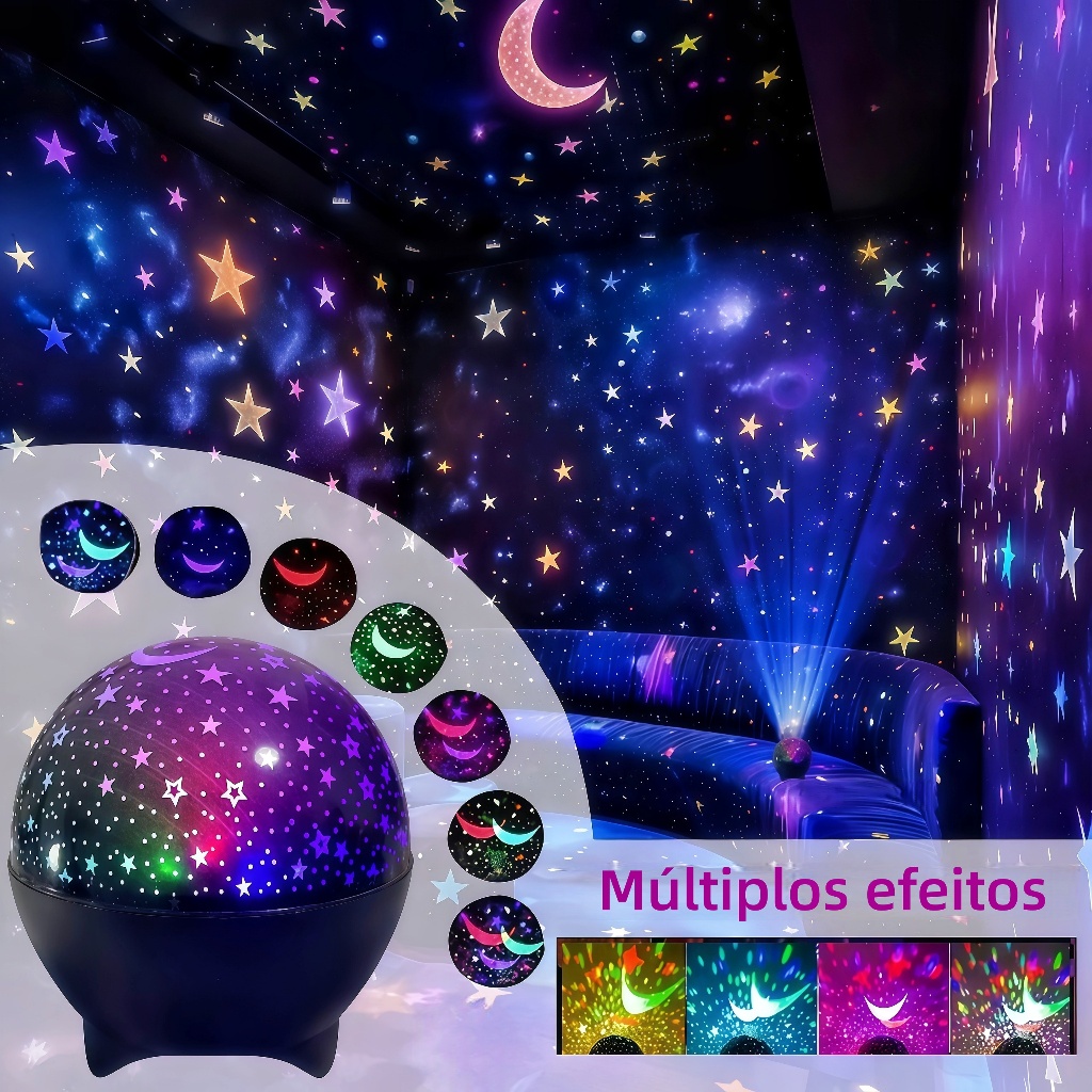 Luminária Projetor de Céu Estrelado e Lua 7 Modos de Luz RGB Giratória 360° Galaxy Star Master Abajur para Quarto de Cri