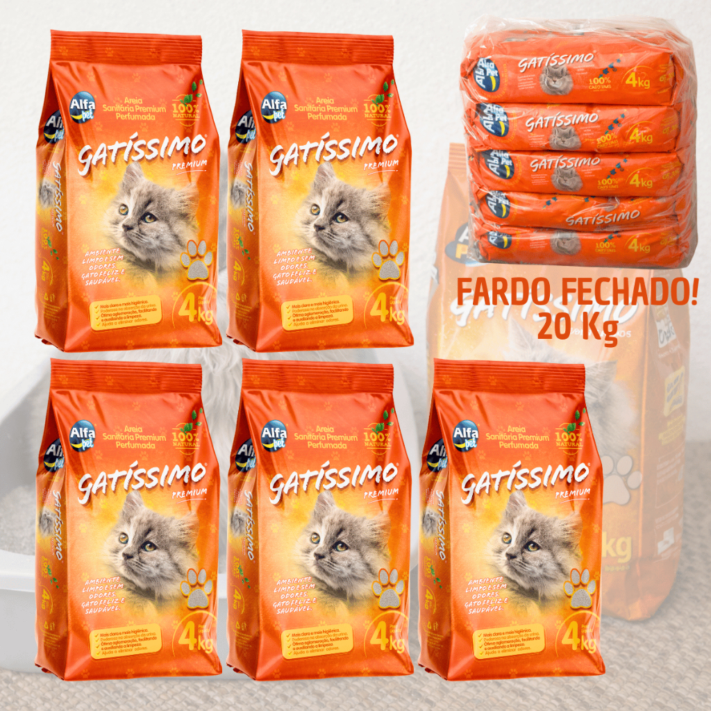 Kit 5 Areia Sanitária Higiênica Natural Argila c Carvão Ativado Gatissimo Perfumada Gatos Fardo 20kg