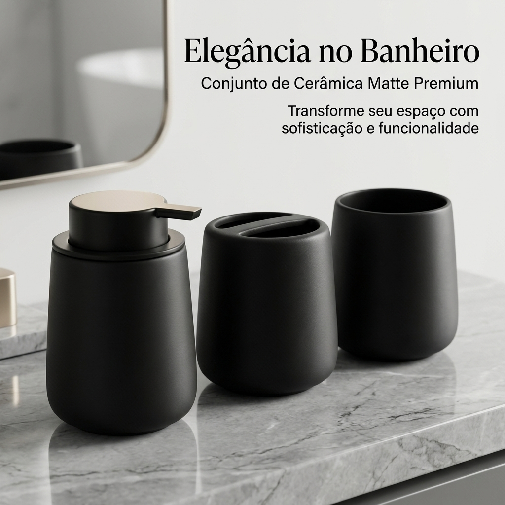 Kit de Banheiro Cerâmica com 3 Peças Modelo Chic Preto Fosco