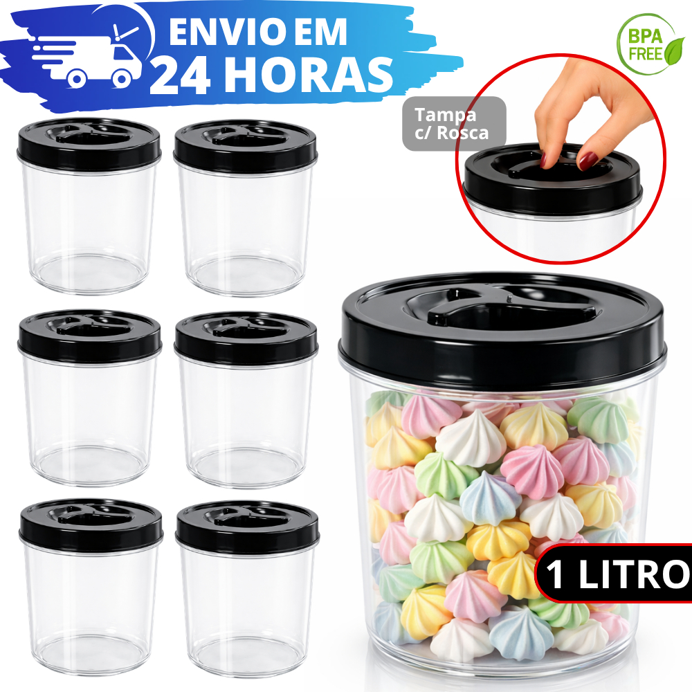 Kit Pote Mantimentos 1 Litro REFORÇADO Tampa Rosca Hermética Organizador Alimentos Cozinha Kit 3, 6 ou 9 Unidades
