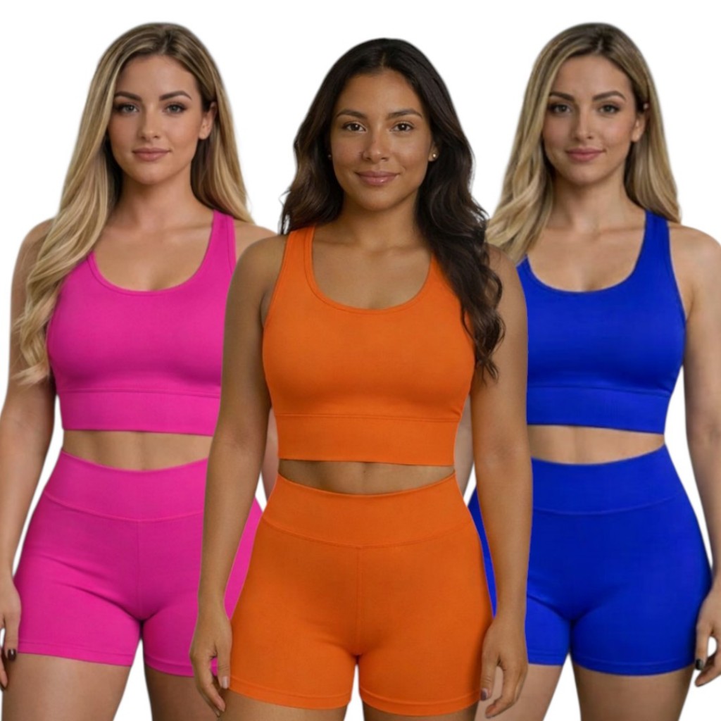 Conjunto Academia Feminino Short e Top Fitness A PRONTA ENTREGA!! Cintura Alta em Suplex Elastano Lycra Encorpado em Oferta na Shopee