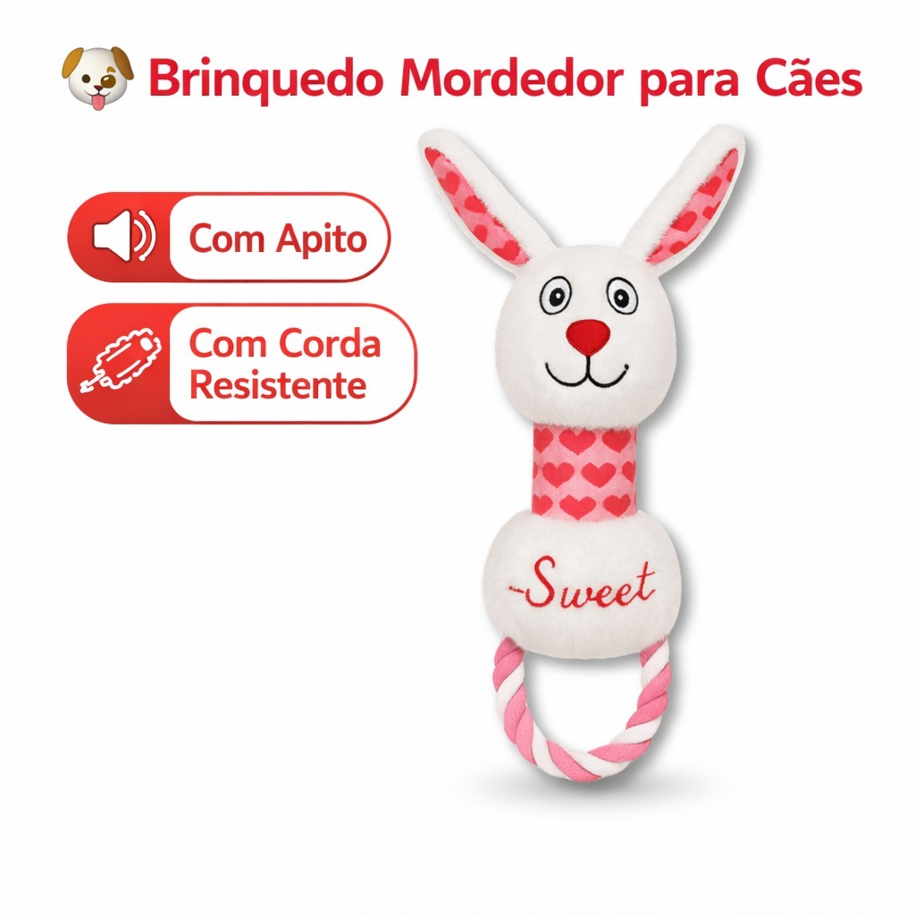 Brinquedo Coelho com Corda Pelúcia Mordedor Apito Cachorro Cães Savana