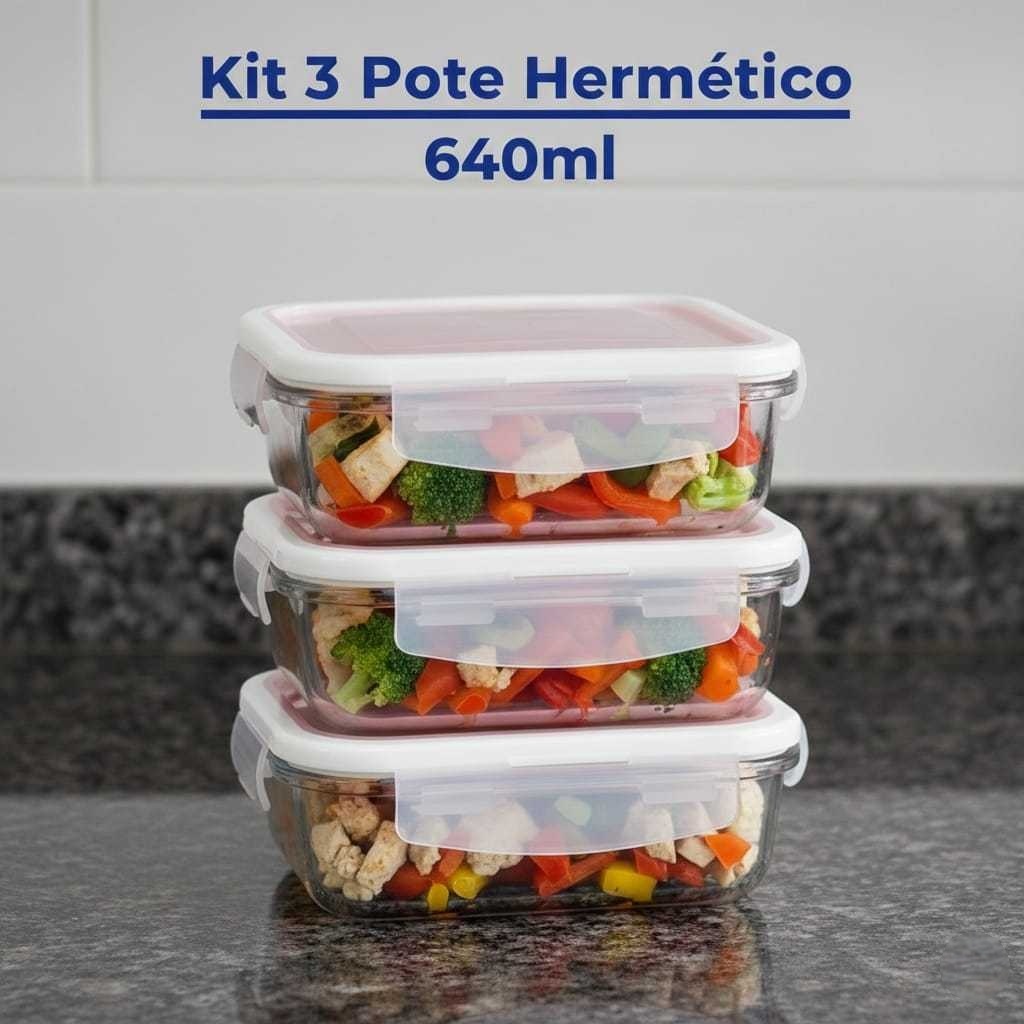 Kit Pote de Vidro Hermético Retangular 640ml / 3 Unid Marmita Microondas Freezer em Oferta na Shopee