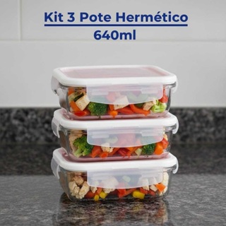 Kit Pote de Vidro Hermético Retangular 640ml / 3 Unid Marmita Microondas Freezer em Oferta na Shopee
