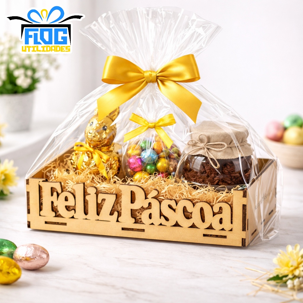 Kit 15 Unidades Bandeja em MDF Feliz Páscoa Coelho - Cesta / Caixa de Presente Decoração