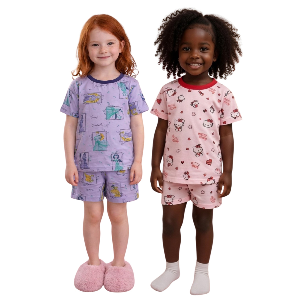 kit Sortido 4 Peças Pijama Infantil Menino / Menina 2 Camisetas 2 Bermudas Estampas Infantis Moderns