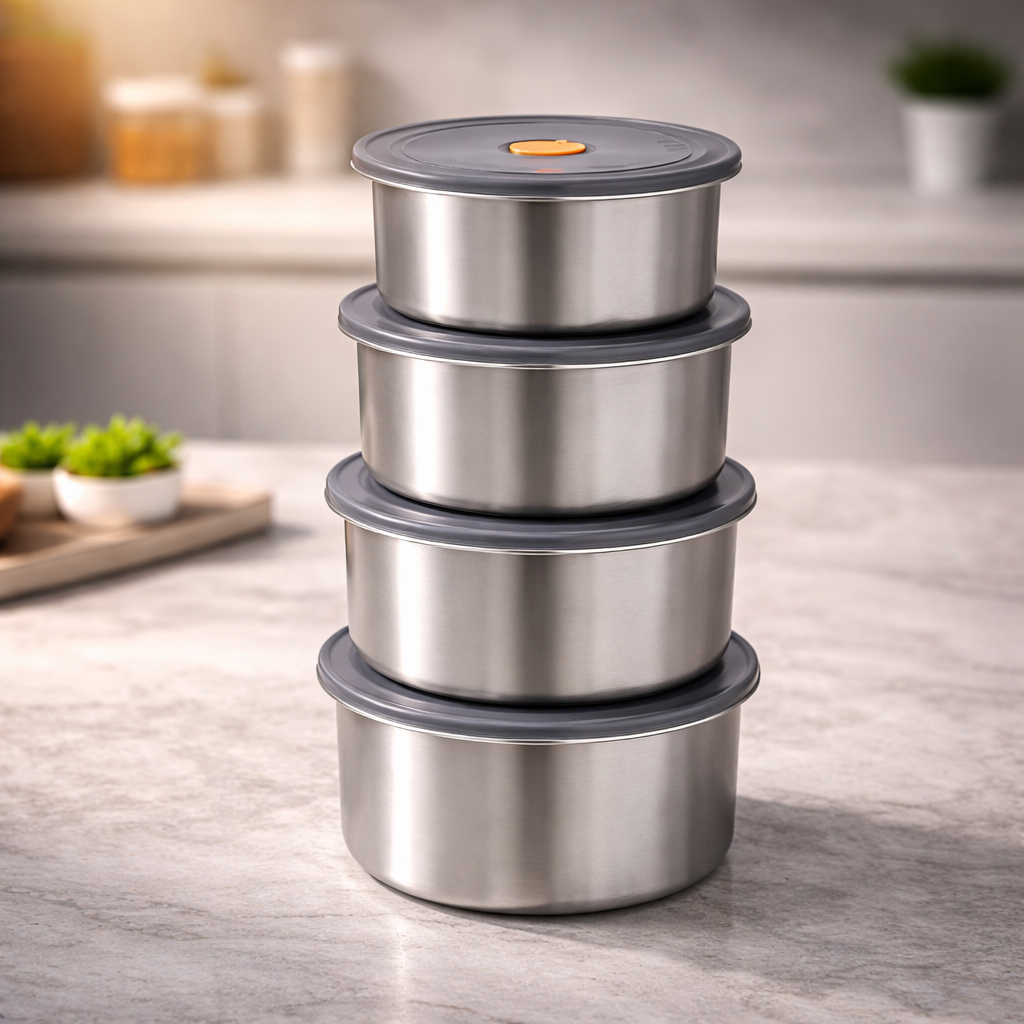 Kit Conjunto 4 Potes Herméticos Inox 450ml Redondo Marmita Lanche Cozinha Geladeira