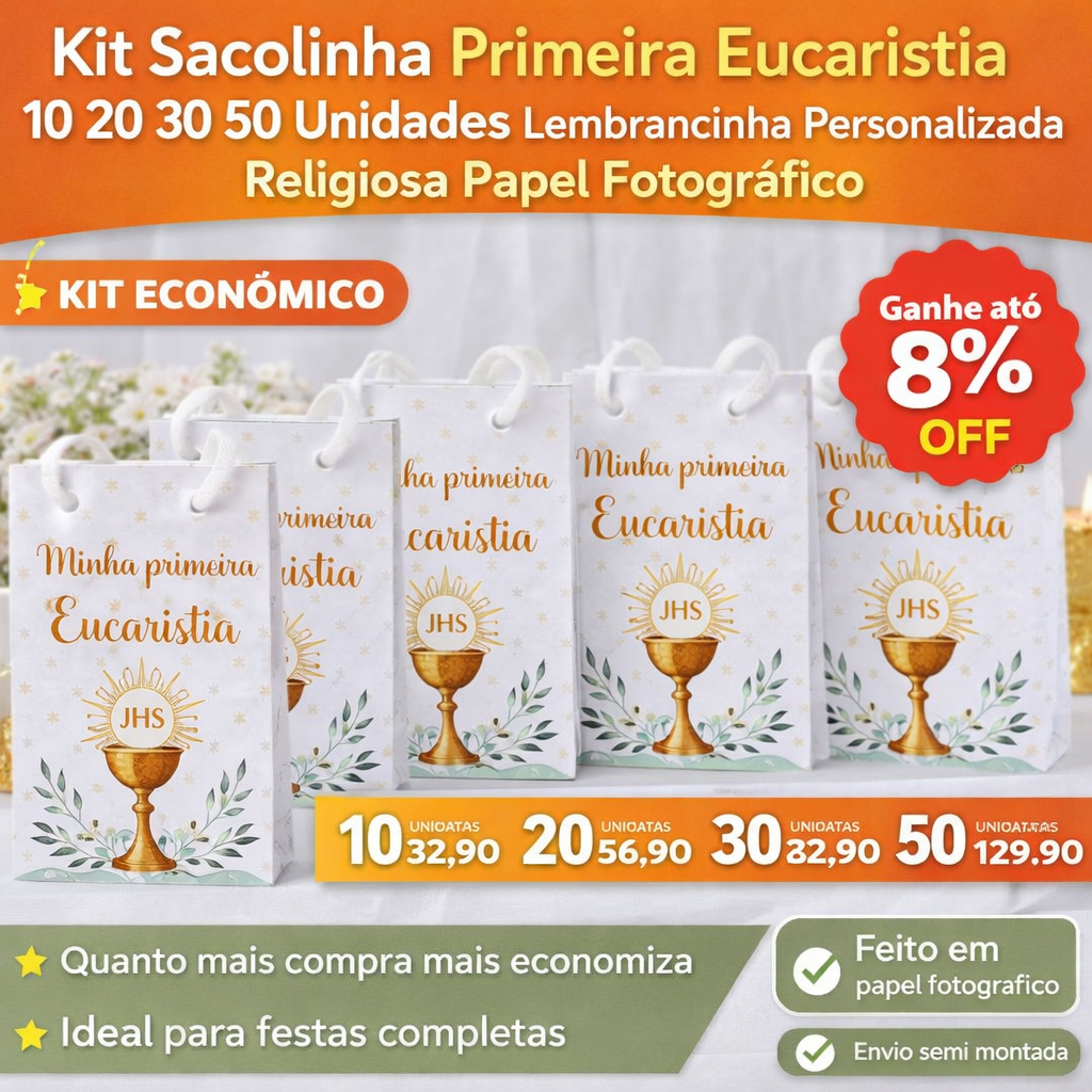 Kit Sacolinha Primeira Eucaristia 10 20 30 50 Unidades Lembrancinha Personalizada Religiosa Papel Fotográfico