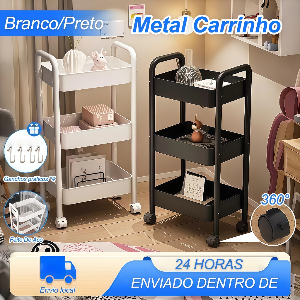 Carrinho Organizador Multiuso 3 Prateleiras e Alça Auxiliar Em Aço Com Rodinha