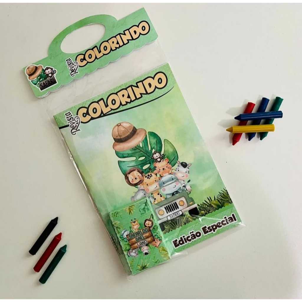 Kit Colorir Safari - Lembrancinha Aniversário Infantil c\ Giz de Cera 10 unidades