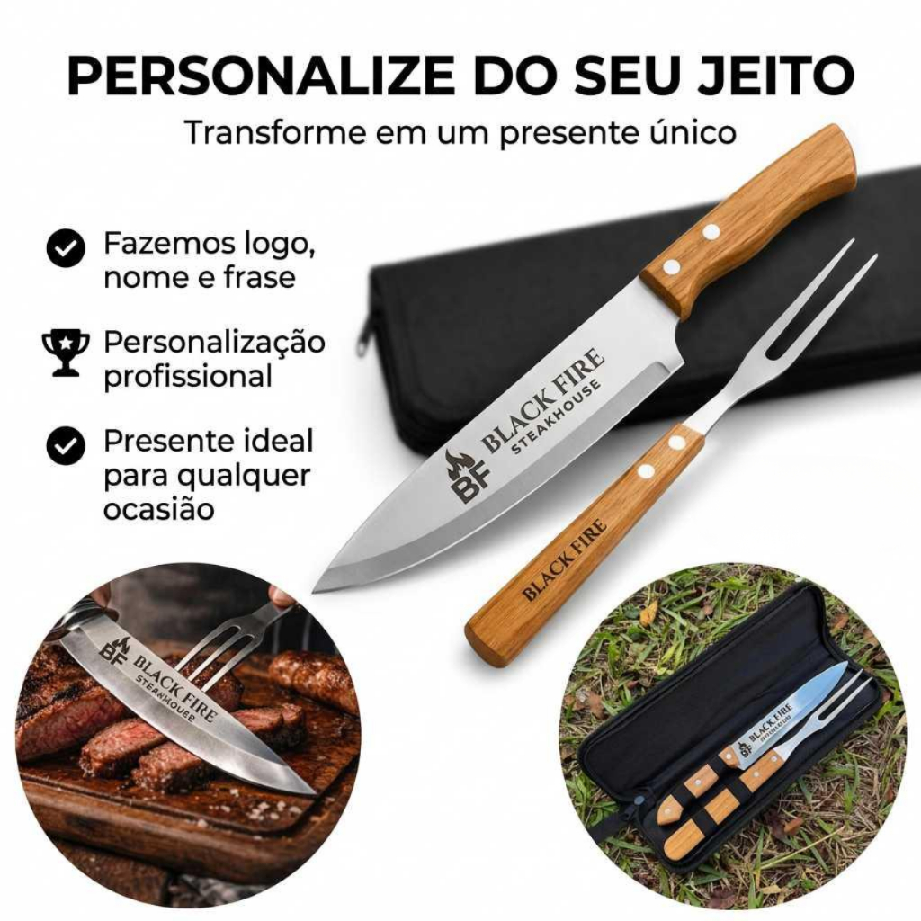 Kit 5/10/15/20 Und Churrasco Personalizado Casamento Faca e Garfo com Estojo Gravação a Laser Profis
