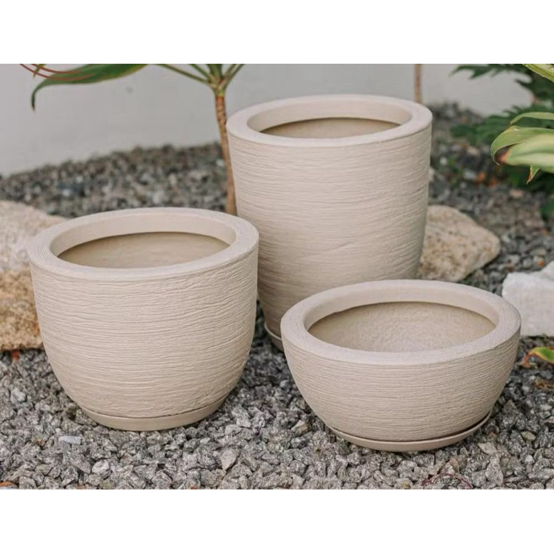 KIT Com 3 Vasos Decorativo de Planta Escovado Polietileno Com Prato Cone N1 Bojo N1 Bacia N1
